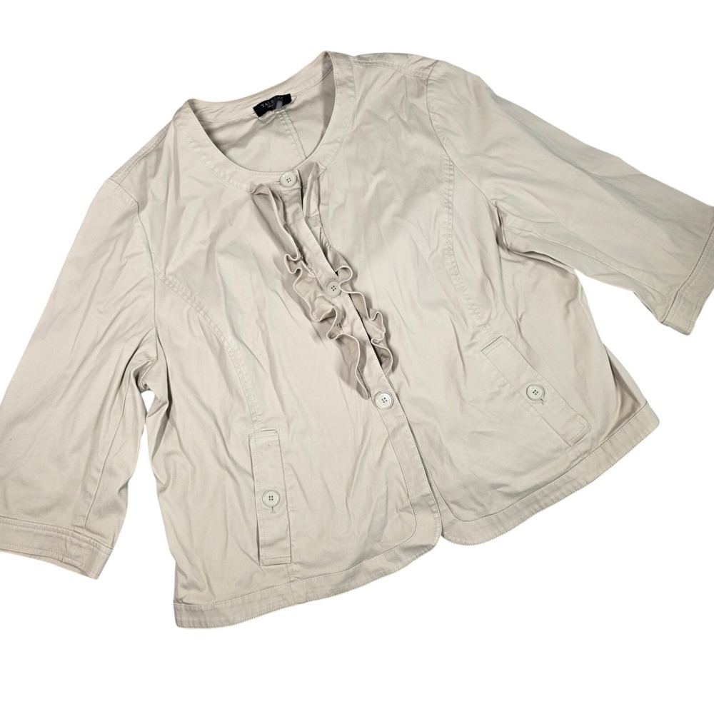 Talbots Jacket Khaki Blazer‎ Beige Ruffle 3/4 Sleeve 22W Classic Neutral Preppy